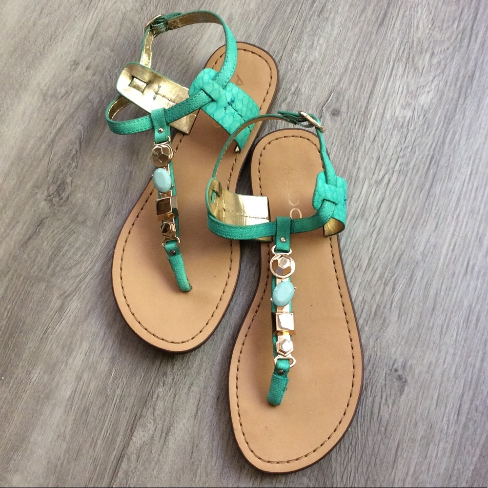 ALDO turquoise and gold t strap sandals